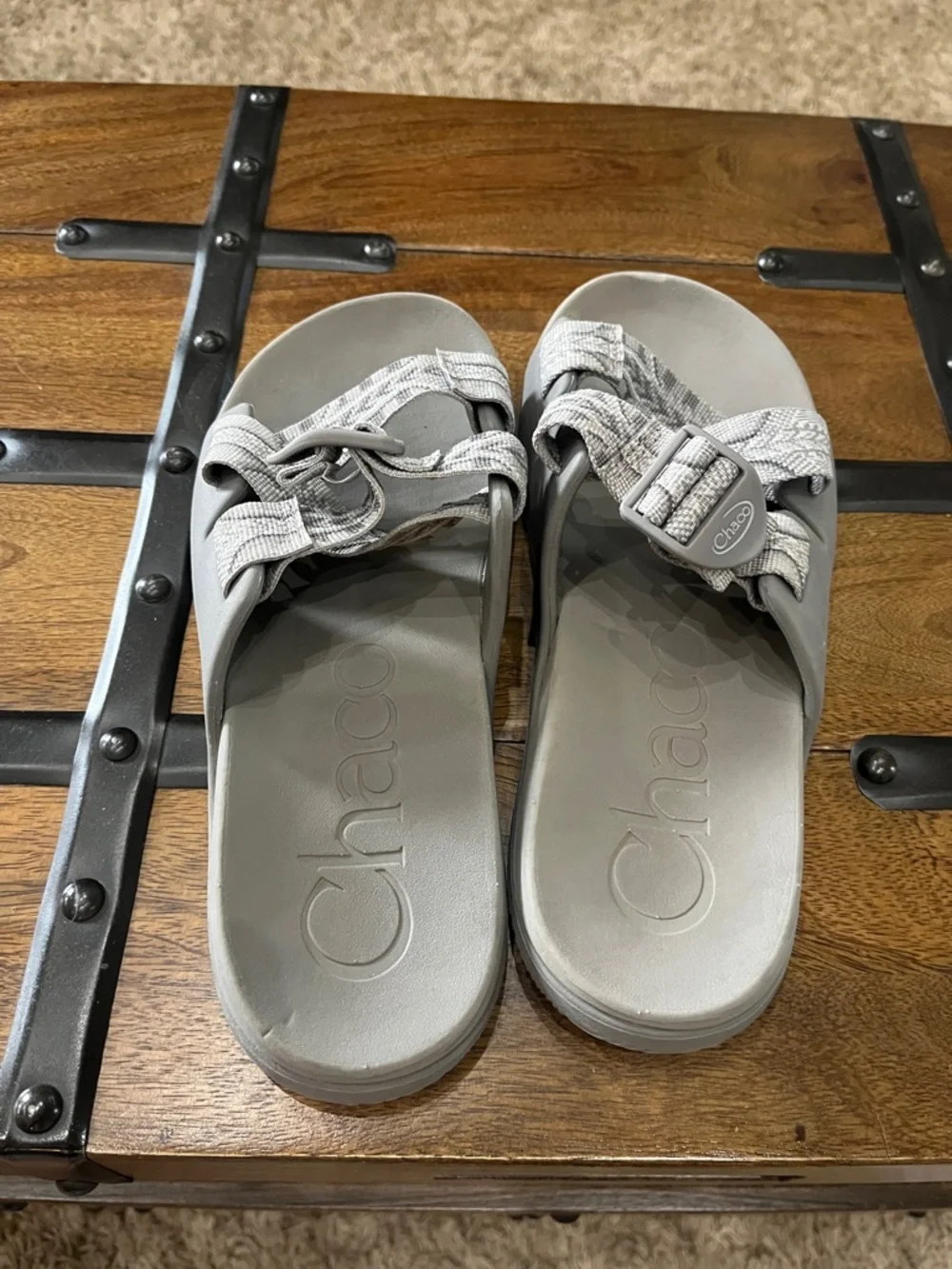 Chaco Gray Patterned Strap Slide Sandals - Picture 1 of 2